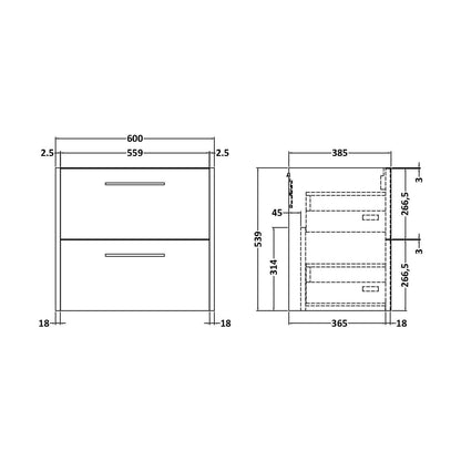 [BFPF2624] Winshill Wall Hung 2 Drawer Vanity Unit - 385mm - Technical Drawing