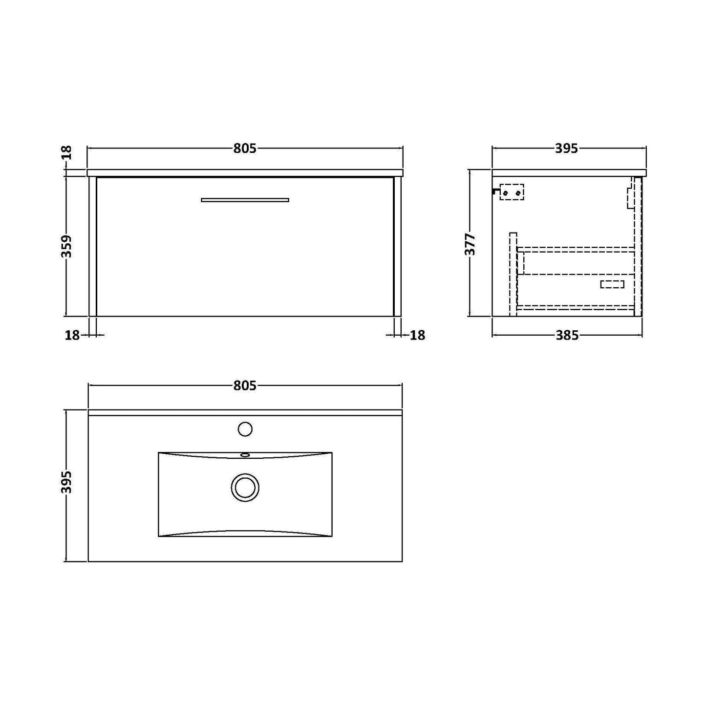 [BFPF2625B] Winshill Contemporary 1 Drawer Wall Hung Vanity Unit with Minimalist Basin, Metallic Slate, 800mm - Technical Drawing