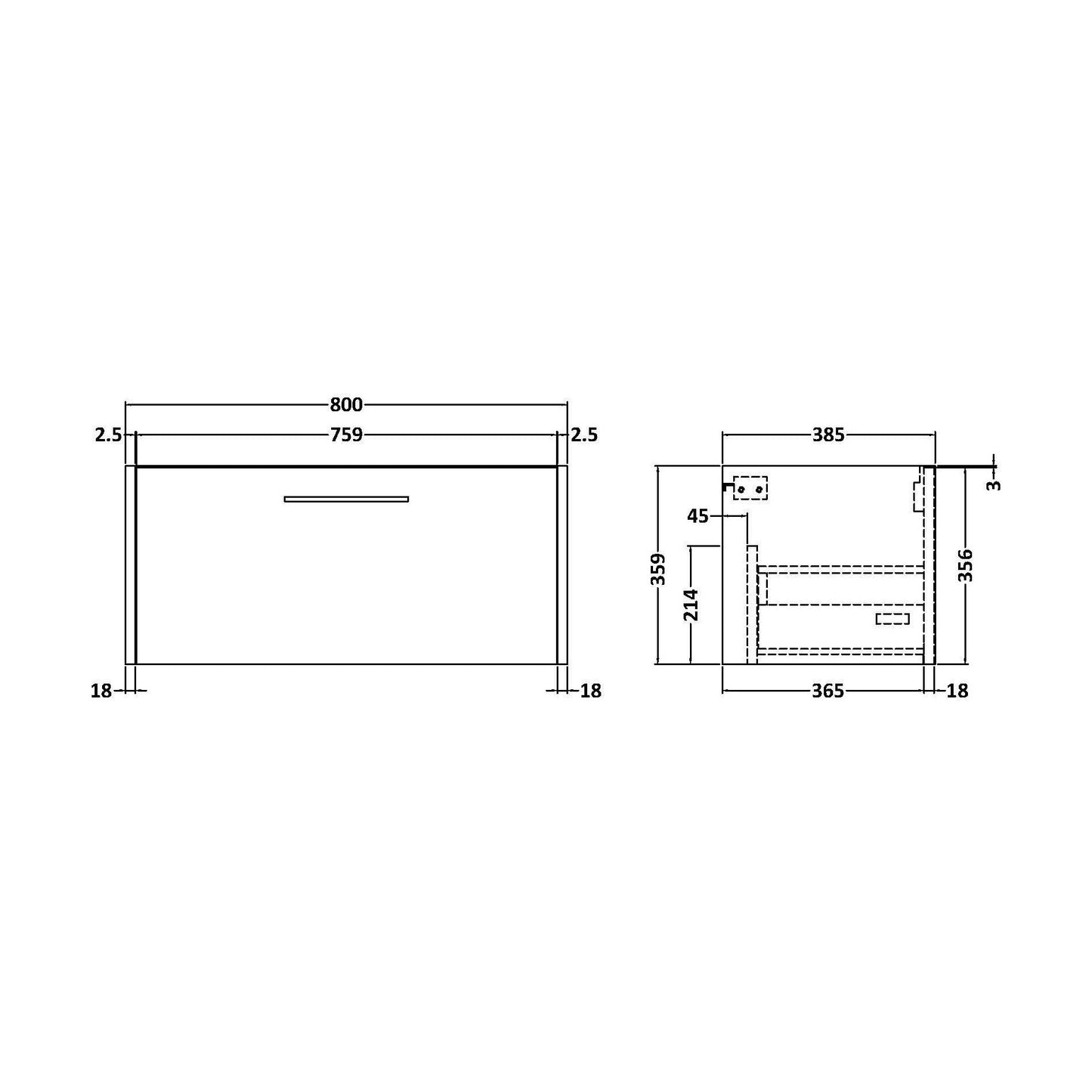 [BFPF2625] Winshill Wall Hung 1 Drawer Vanity Unit - 385mm - Technical Drawing