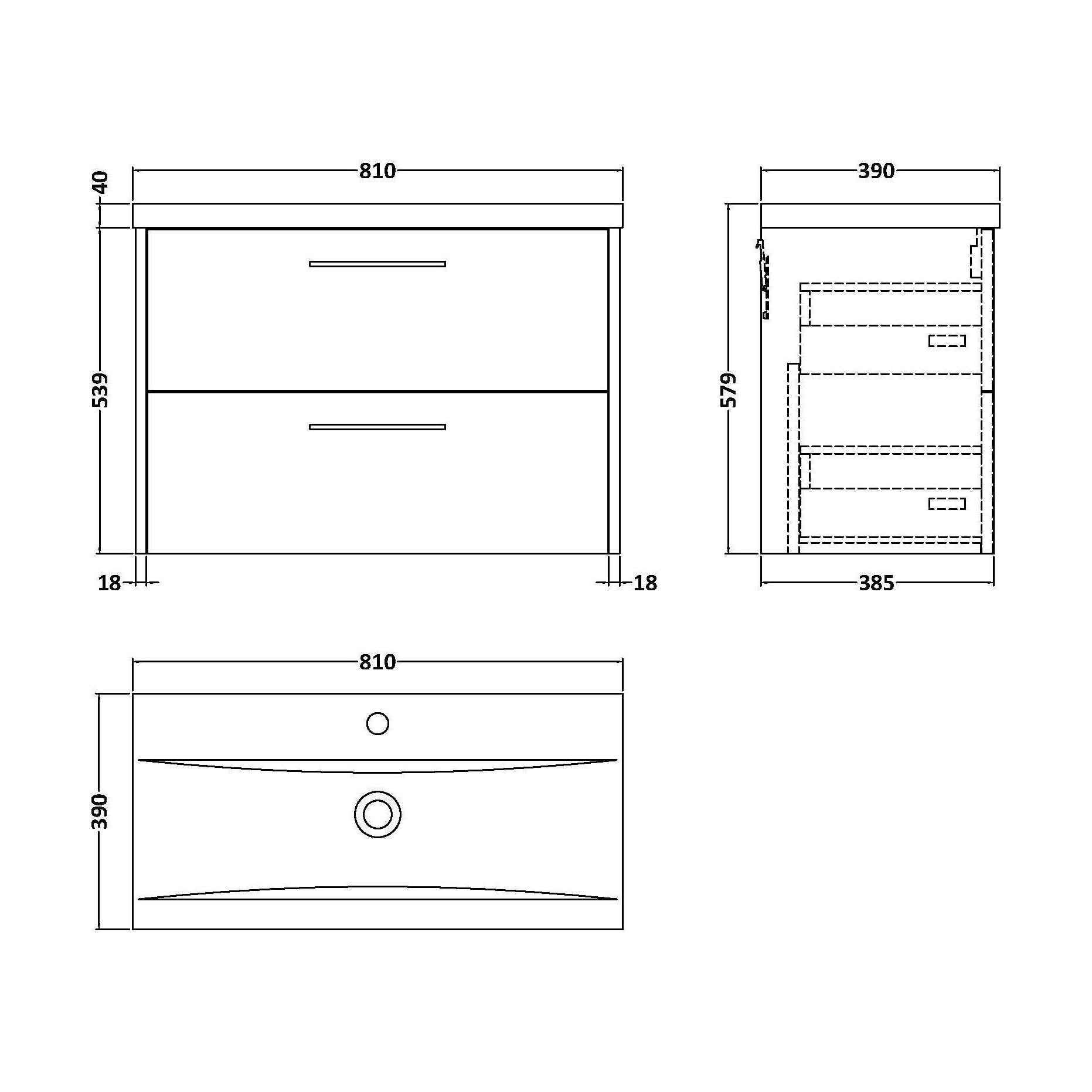 [BFPF2626A] Winshill Contemporary 2 Drawer Wall Hung Vanity Unit with Mid-Edge Basin, Metallic Slate, 800mm - Technical Drawing