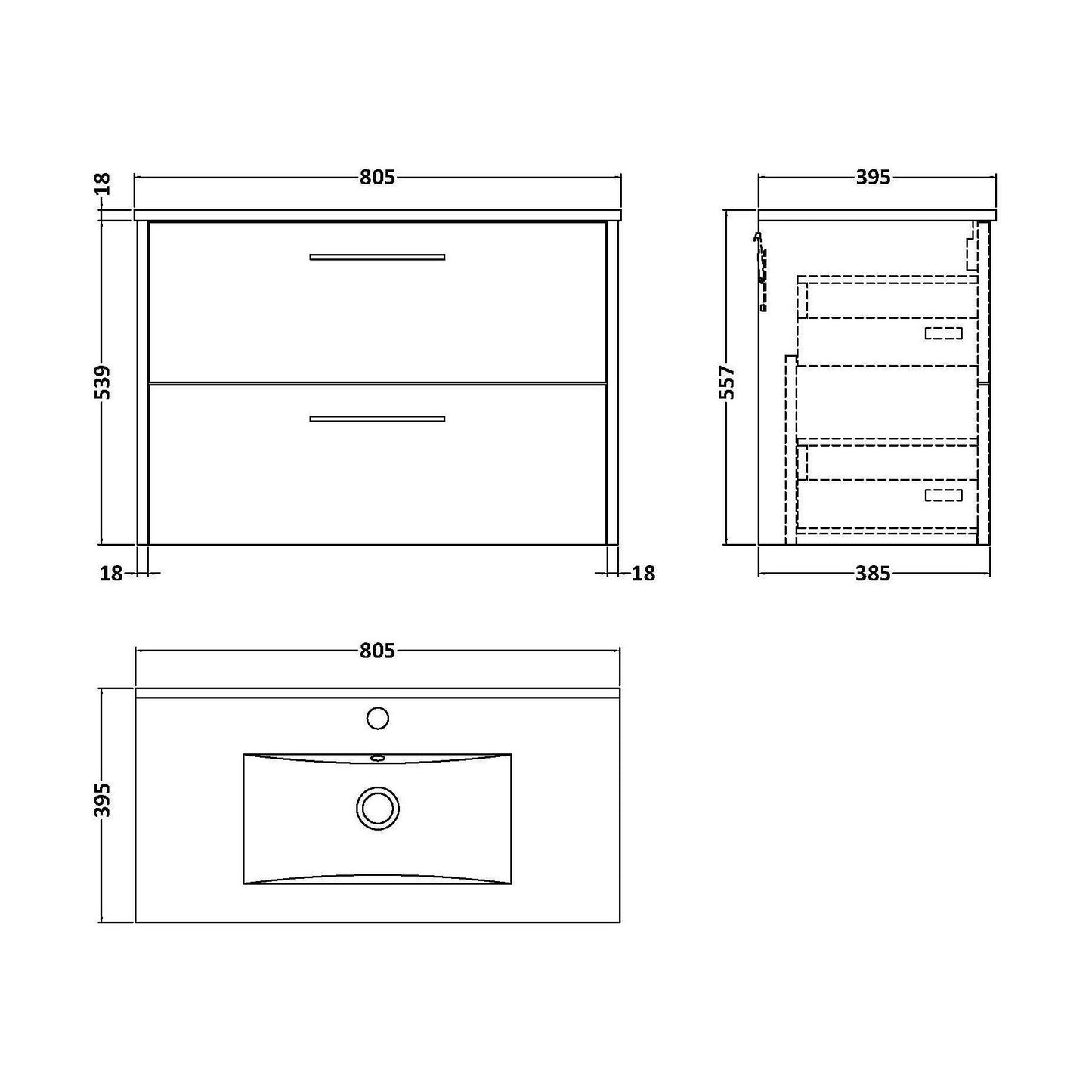 [BFPF2626B] Winshill Contemporary 2 Drawer Wall Hung Vanity Unit with Minimalist Basin, Metallic Slate, 800mm - Technical Drawing