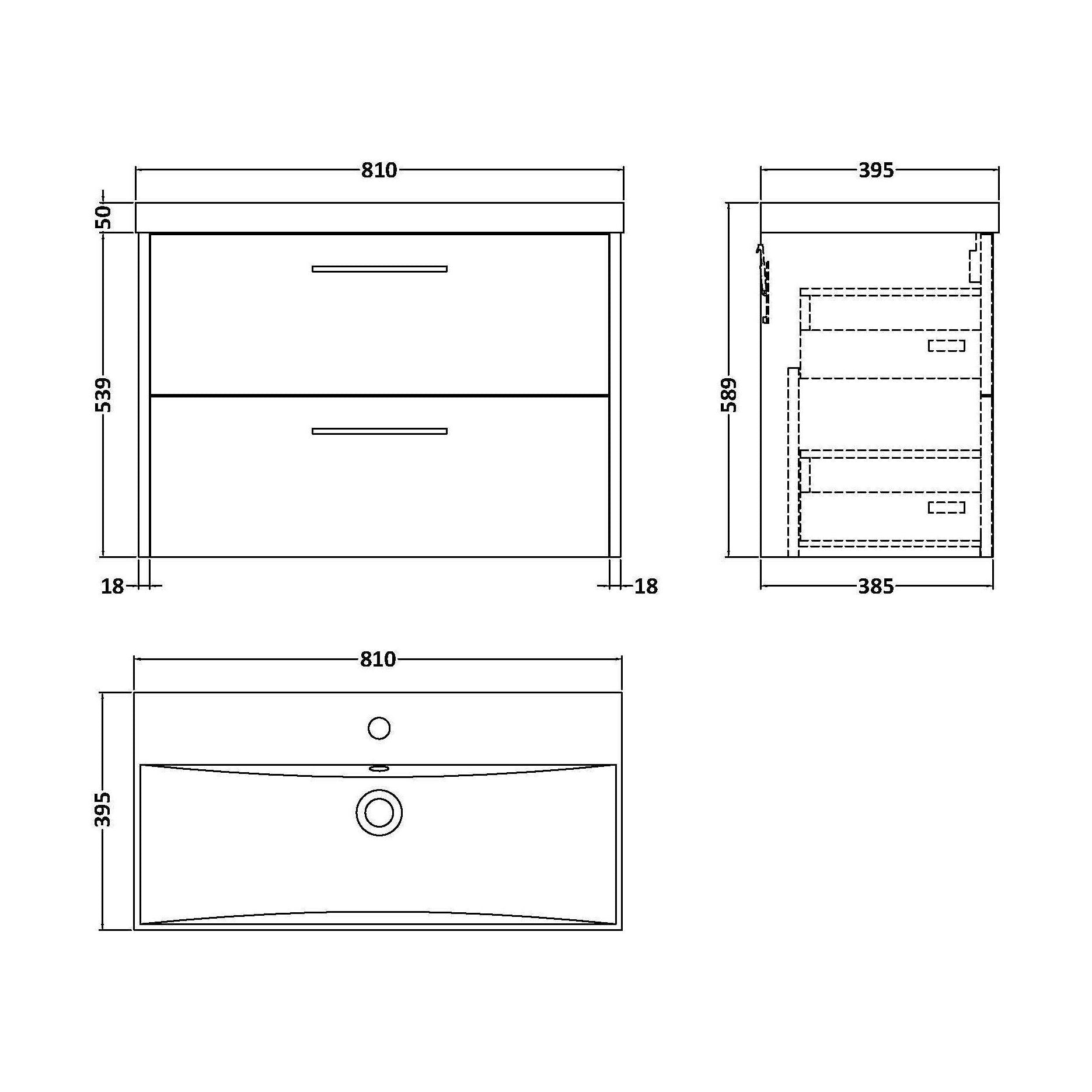 [BFPF2626D] Winshill Contemporary 2 Drawer Wall Hung Vanity Unit with Thin Edge Basin, Metallic Slate, 800mm - Technical Drawing
