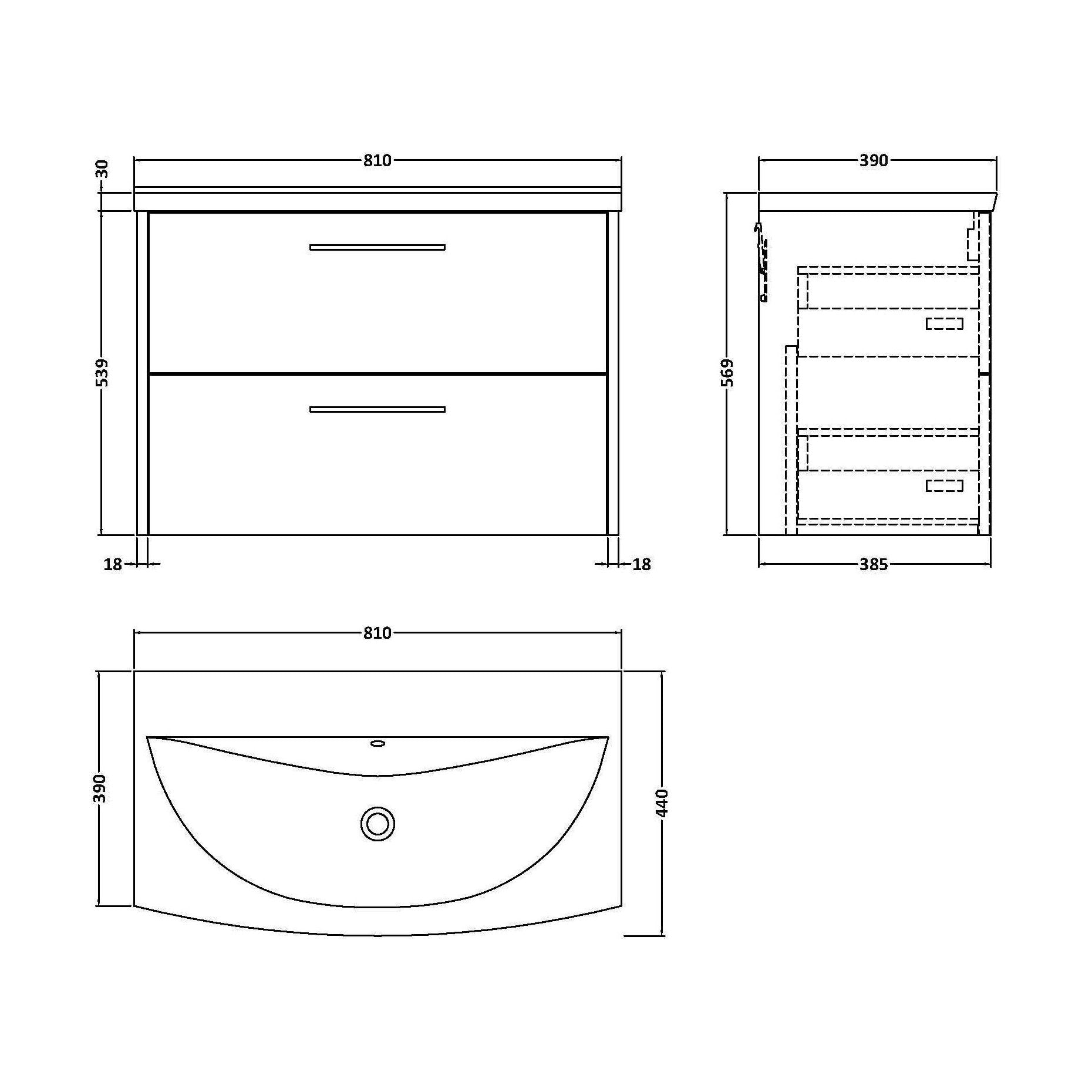 [BFPF2626G] Winshill Contemporary 2 Drawer Wall Hung Vanity Unit with Curved Basin, Metallic Slate, 800mm - Technical Drawing