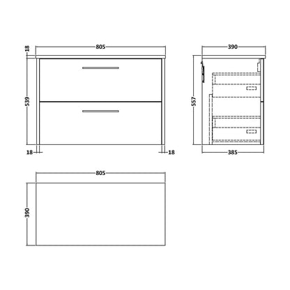 [BFPF2626W] Winshill Contemporary 2 Drawer Wall Hung Vanity Unit with Worktop, 800mm - Technical Drawing