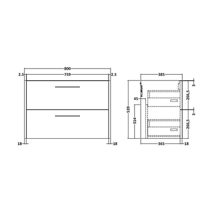 [BFPF2626] Winshill Wall Hung 2 Drawer Vanity Unit - 385mm - Technical Drawing