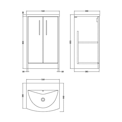 [BFPF2901G] Winshill Contemporary 2 Door Floor Standing Vanity Unit with Curved Basin, Dark Blue, 500mm - Technical Drawing