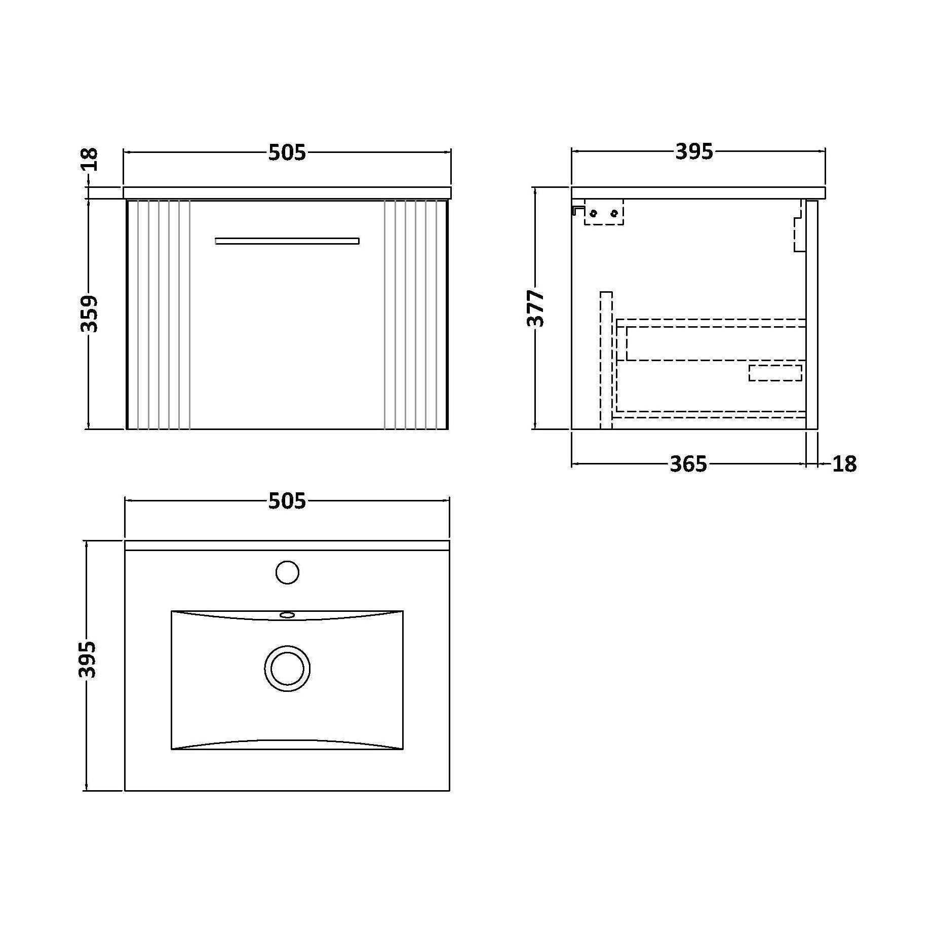 [BFPF291B] Partial Fluted 1 Drawer Wall Hung Vanity Unit with 1 Tap Hole Minimalist Basin - 500mm - Satin Grey - Technical Drawing