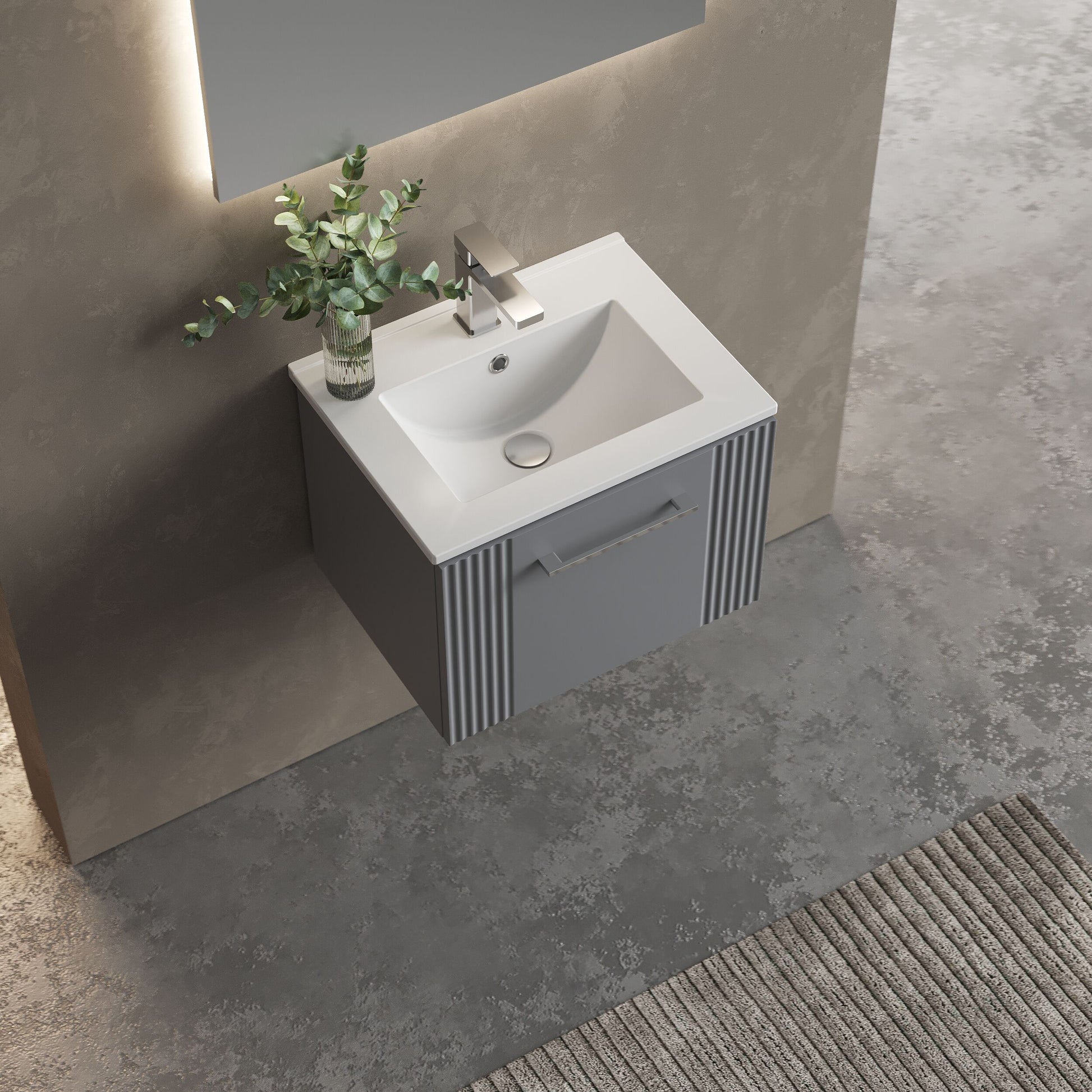 [BFPF291B] Partial Fluted 1 Drawer Wall Hung Vanity Unit with 1 Tap Hole Minimalist Basin - 500mm - Satin Grey - Lifestyle 2