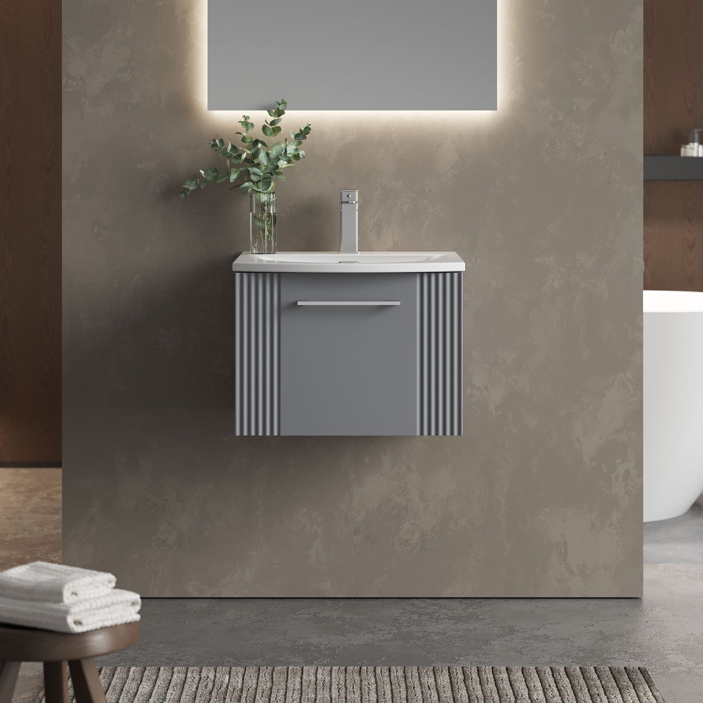[BFPF291G] Partial Fluted 1 Drawer Wall Hung Vanity Unit with 1 Tap Hole Curved Basin- 500mm - Satin Grey - Lifestyle 1