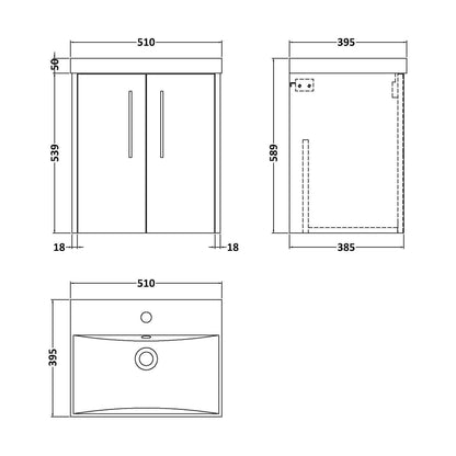 [BFPF2921D] Winshill Contemporary 2 Door Wall Hung Vanity Unit with Thin Edge Basin, Dark Blue, 500mm - Technical Drawing