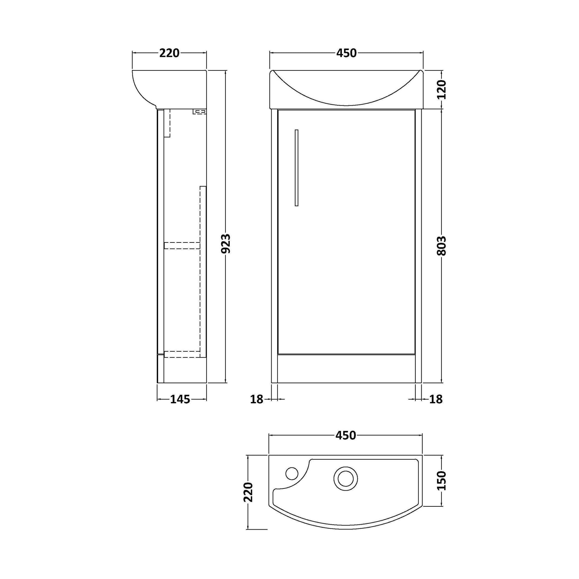 [BFPF2921R] Winshill Contemporary 1 Door Right-Hand Floor Standing Cloakroom Vanity Unit with Basin, Dark Blue, 440mm - Technical Drawing