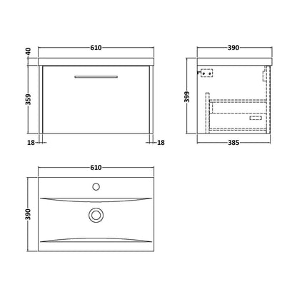 [BFPF2922A] Winshill Contemporary 1 Drawer Wall Hung Vanity Unit with Mid-Edge Basin, Dark Blue, 600mm - Technical Drawing