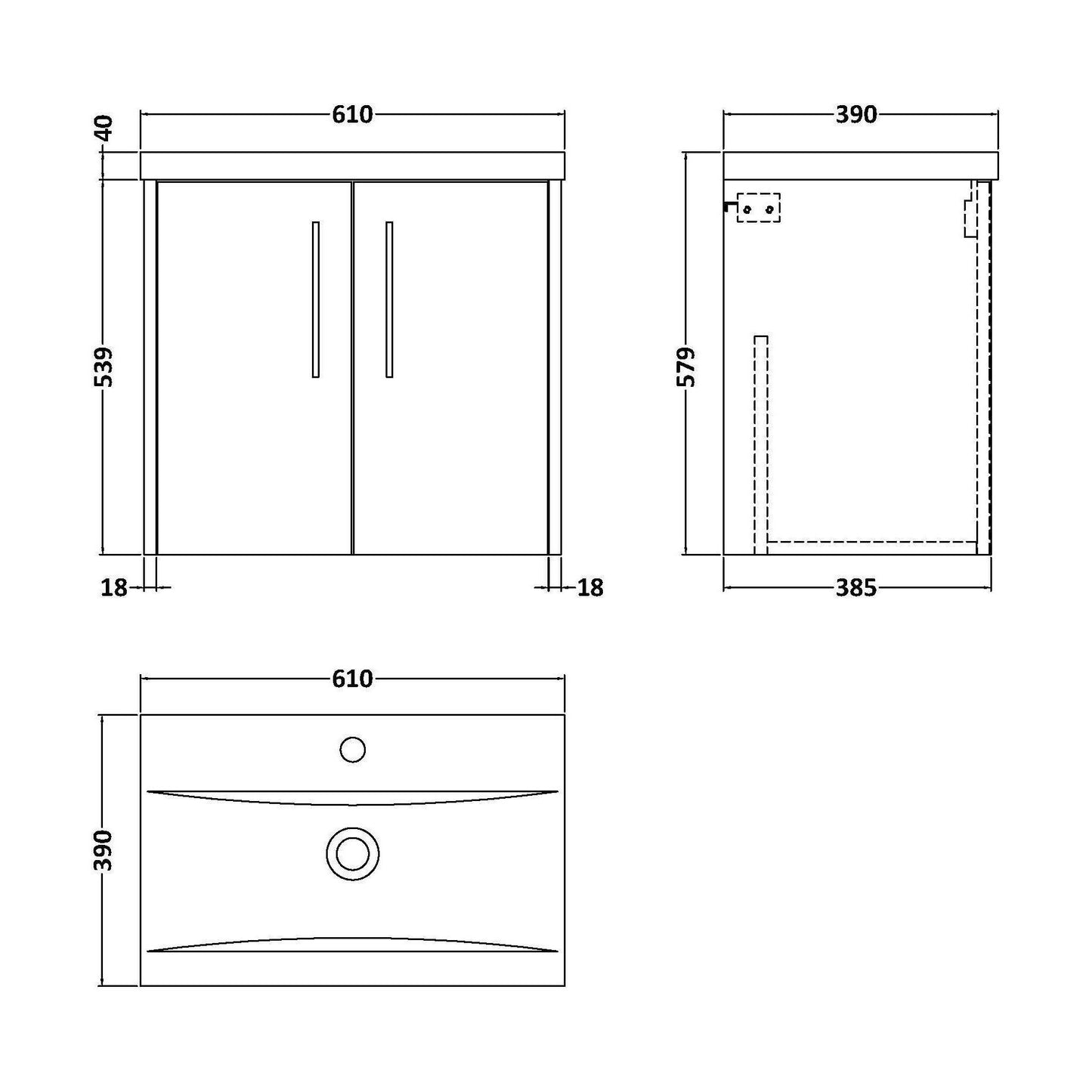 [BFPF2923A] Winshill Contemporary 2 Door Wall Hung Vanity Unit with Mid-Edge Basin, Dark Blue, 600mm - Technical Drawing