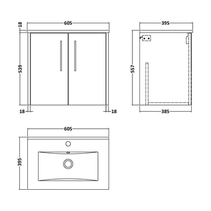 [BFPF2923B] Winshill Contemporary 2 Door Wall Hung Vanity Unit with Minimalist Basin, Dark Blue, 600mm - Technical Drawing
