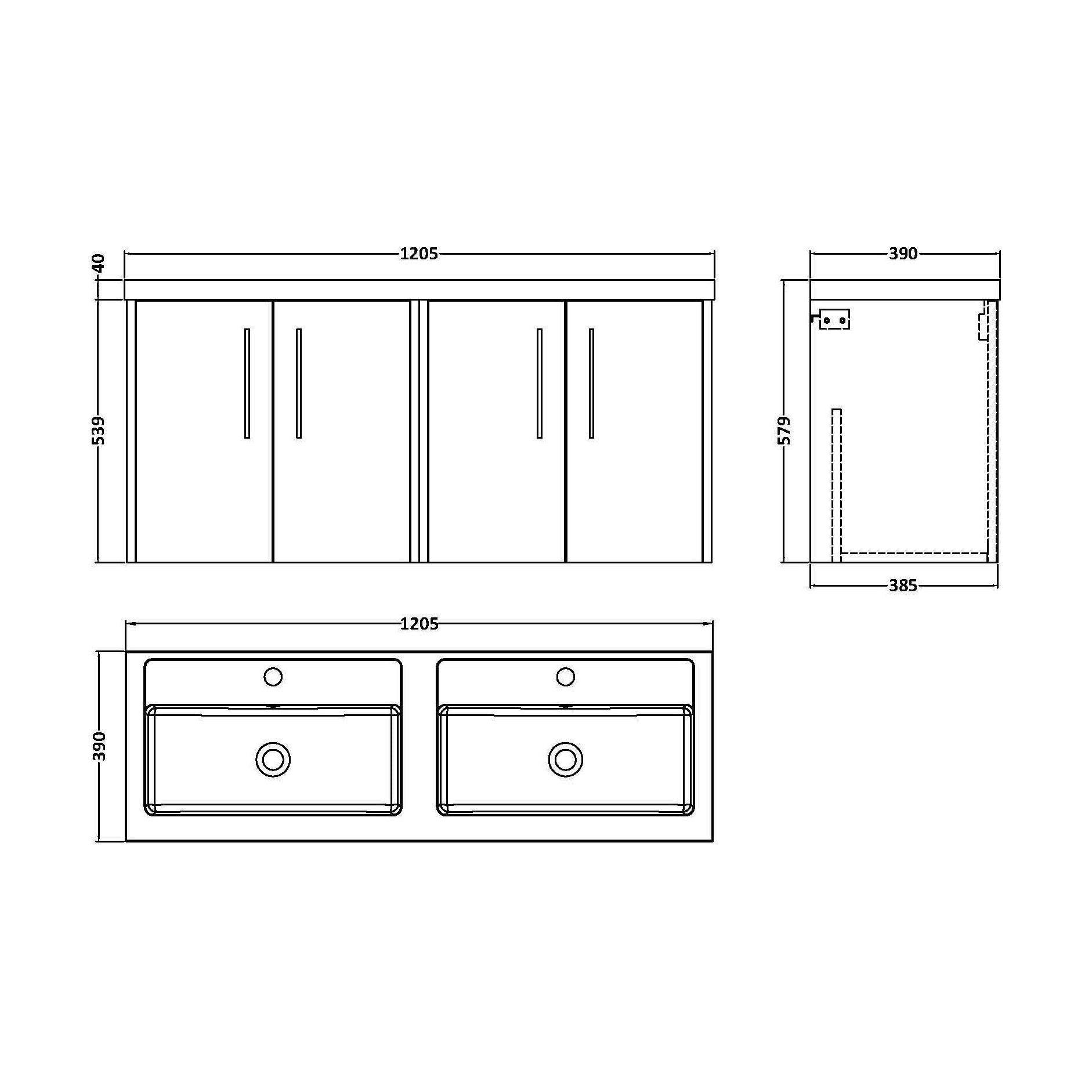 [BFPF2923C] Winshill Contemporary 4 Door Wall Hung Vanity Unit with Double Basin, Dark Blue, 1200mm - Technical Drawing