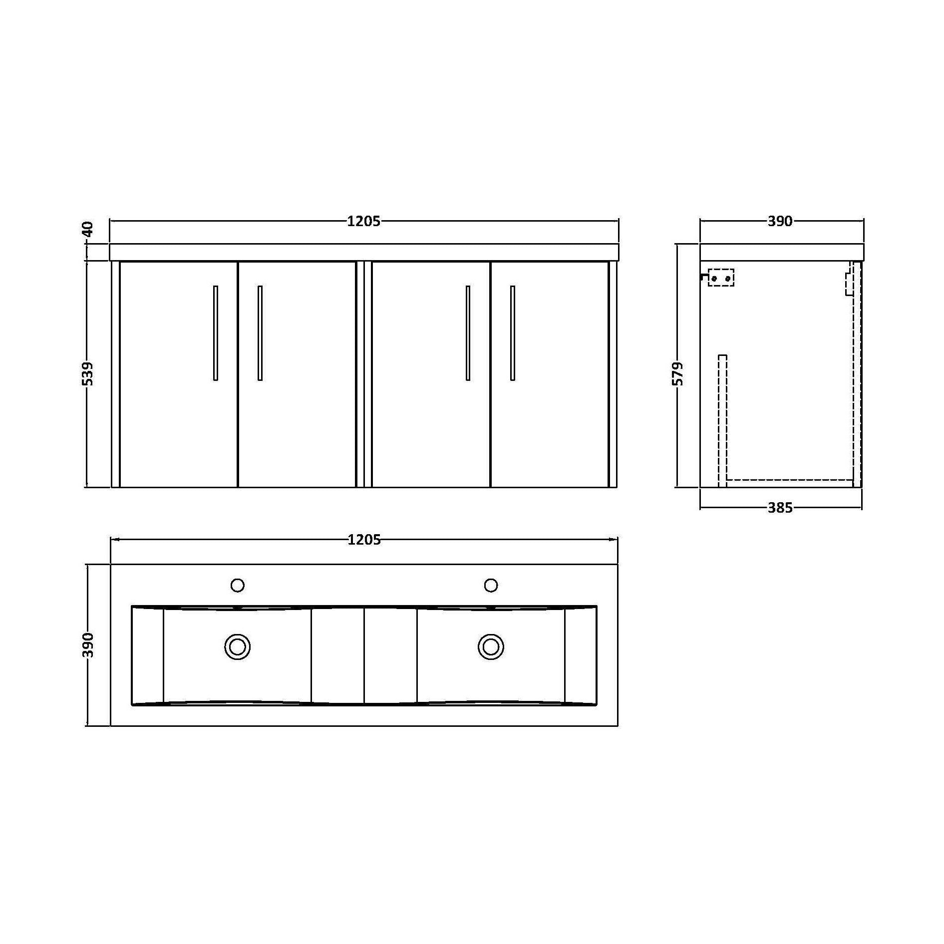 [BFPF2923F] Winshill Contemporary 4 Door Wall Hung Vanity Unit with Double Basin, Dark Blue, 1200mm - Technical Drawing