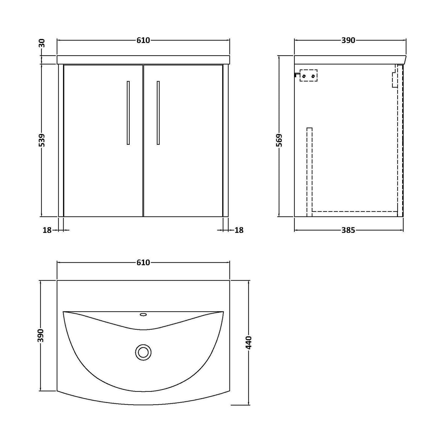 [BFPF2923G] Winshill Contemporary 2 Door Wall Hung Vanity Unit with Curved Basin, Dark Blue, 600mm - Technical Drawing
