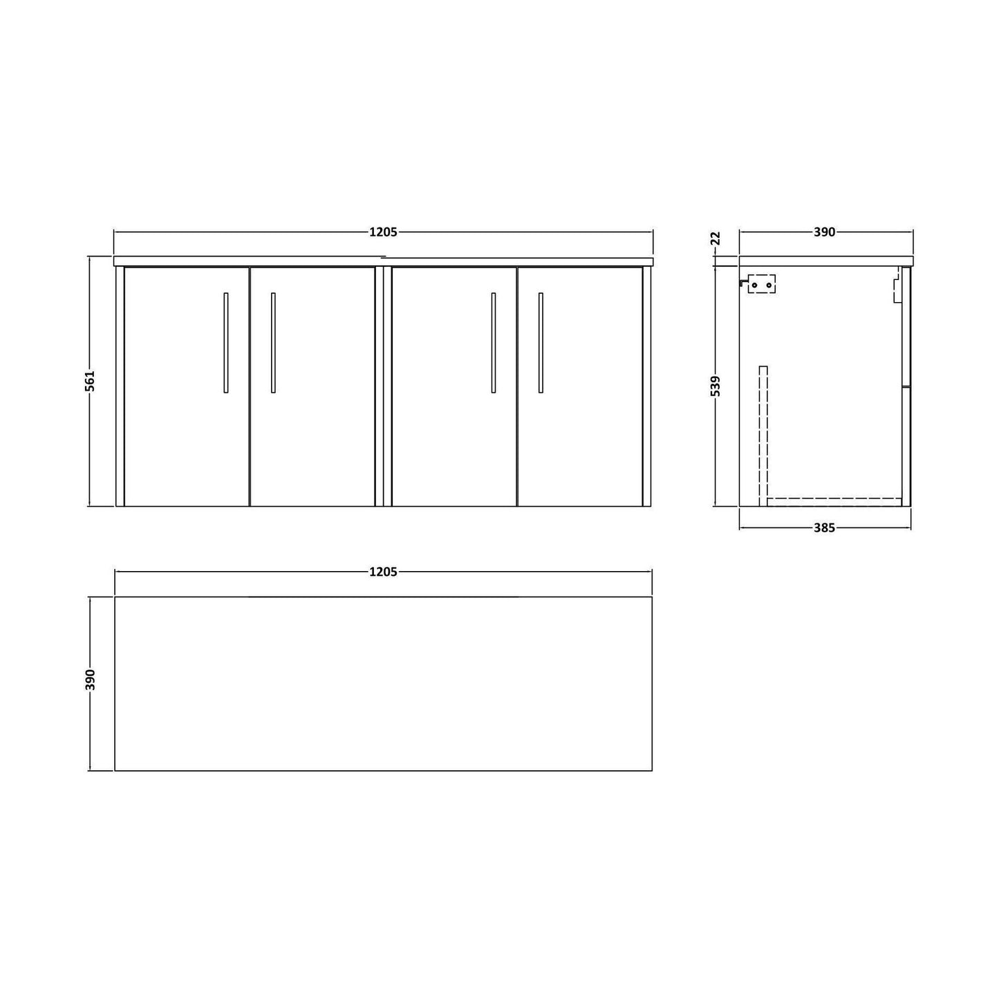 [BFPF2923LBG2] Winshill Contemporary Wall Hung Vanity Unit with Laminate Worktop, Dark Blue, 1205mm - Technical Drawing