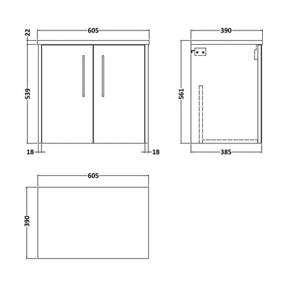 [BFPF2923LCM] Winshill Contemporary 2 Door Wall Hung Vanity Unit with Laminate Worktop, 600mm - Technical Drawing