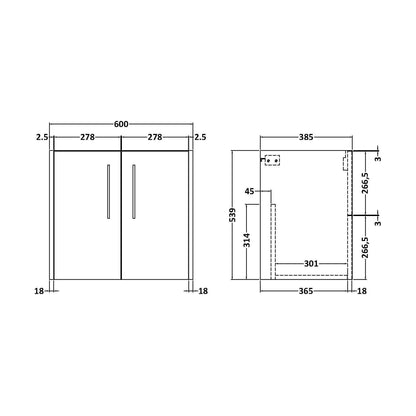 [BFPF2923] Winshill Wall Hung 2 Door Vanity Unit - 600mm - Technical Drawing