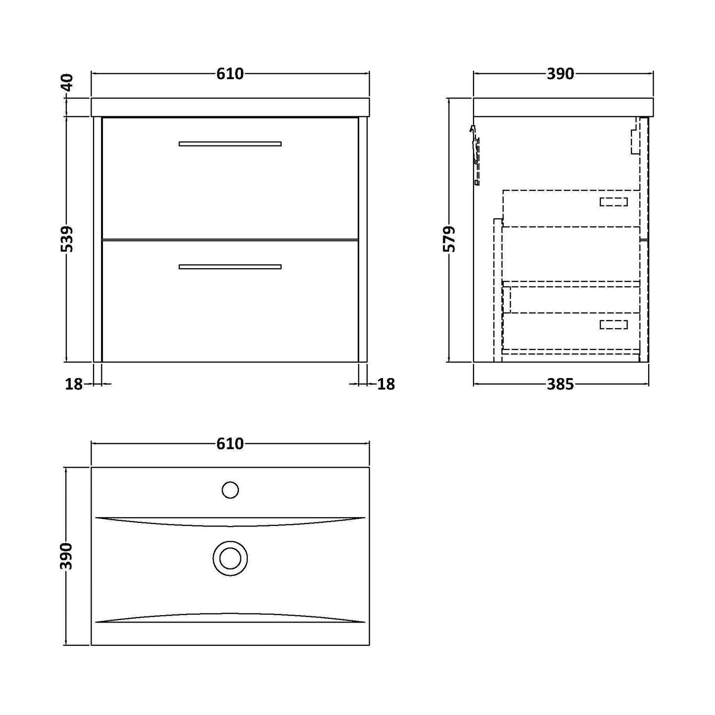 [BFPF2924A] Winshill Contemporary 2 Drawer Wall Hung Vanity Unit with Mid-Edge Basin, Dark Blue, 600mm - Technical Drawing