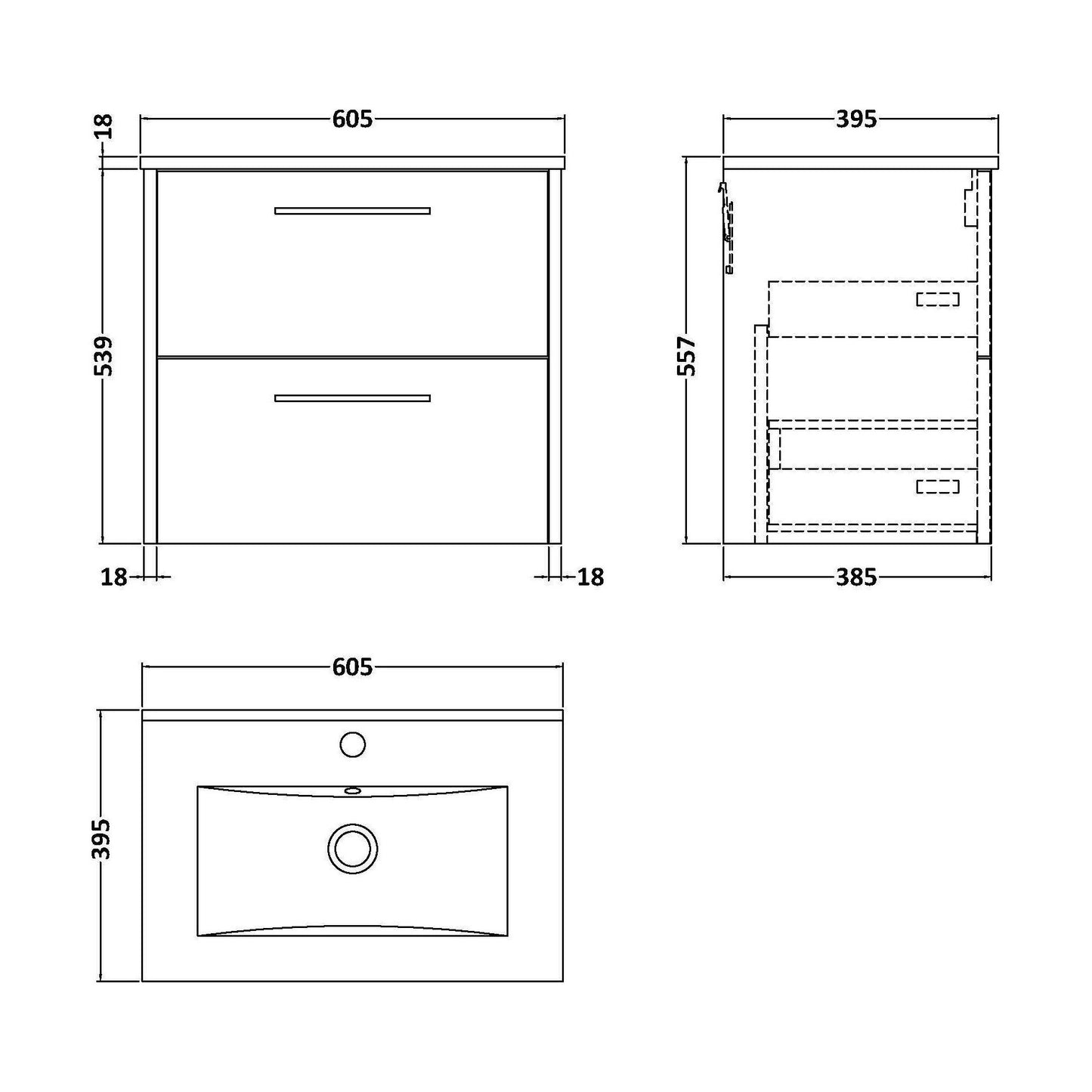 [BFPF2924B] Winshill Contemporary 2 Drawer Wall Hung Vanity Unit with Minimalist Basin, Dark Blue, 600mm - Technical Drawing