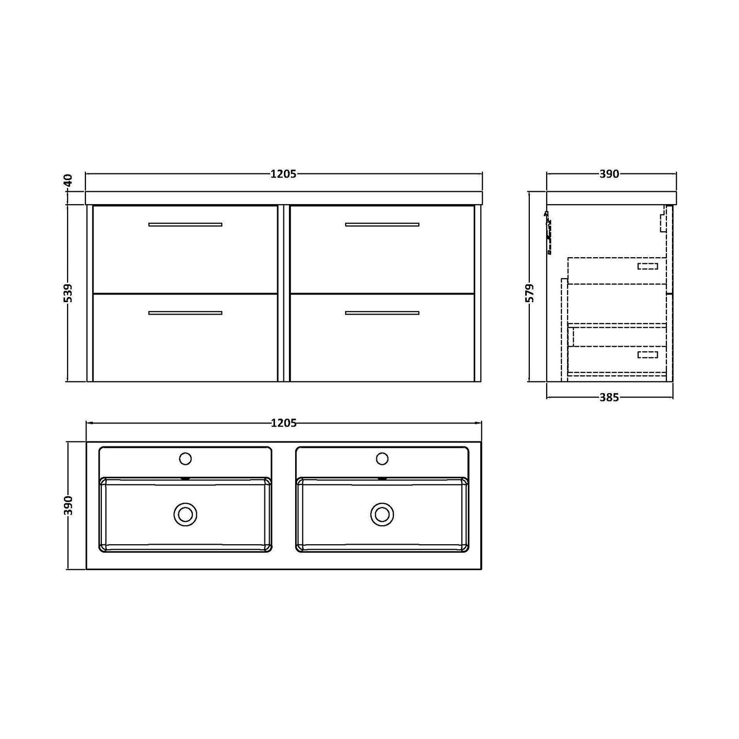 [BFPF2924C] Winshill Contemporary 4 Drawer Wall Hung Vanity Unit with Double Basin, Dark Blue, 1200mm - Technical Drawing