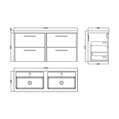 [BFPF2924C] Winshill Contemporary 4 Drawer Wall Hung Vanity Unit with Double Basin, Dark Blue, 1200mm - Technical Drawing
