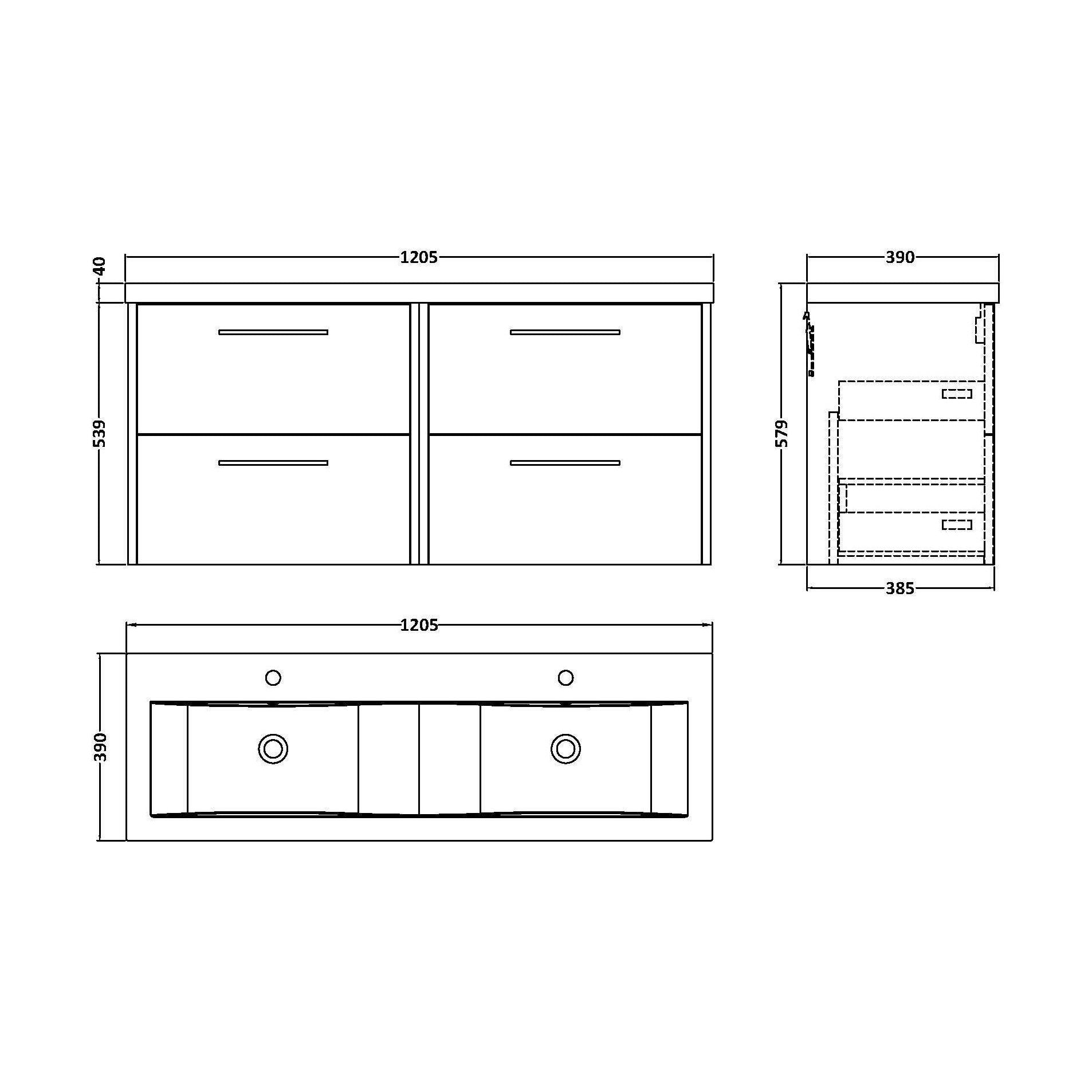 [BFPF2924F] Winshill Contemporary 4 Drawer Wall Hung Vanity Unit with Double Basin, Dark Blue, 1200mm - Technical Drawing
