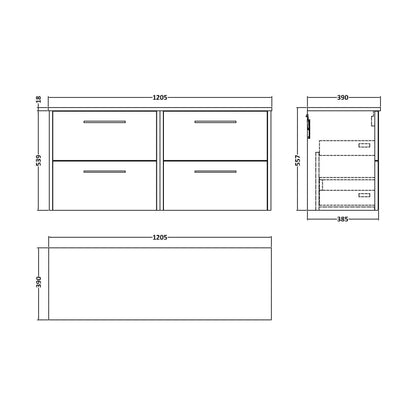 [BFPF2924W2] Winshill Contemporary 4 Drawer Wall Hung Vanity Unit with Worktop, 1200mm - Technical Drawing