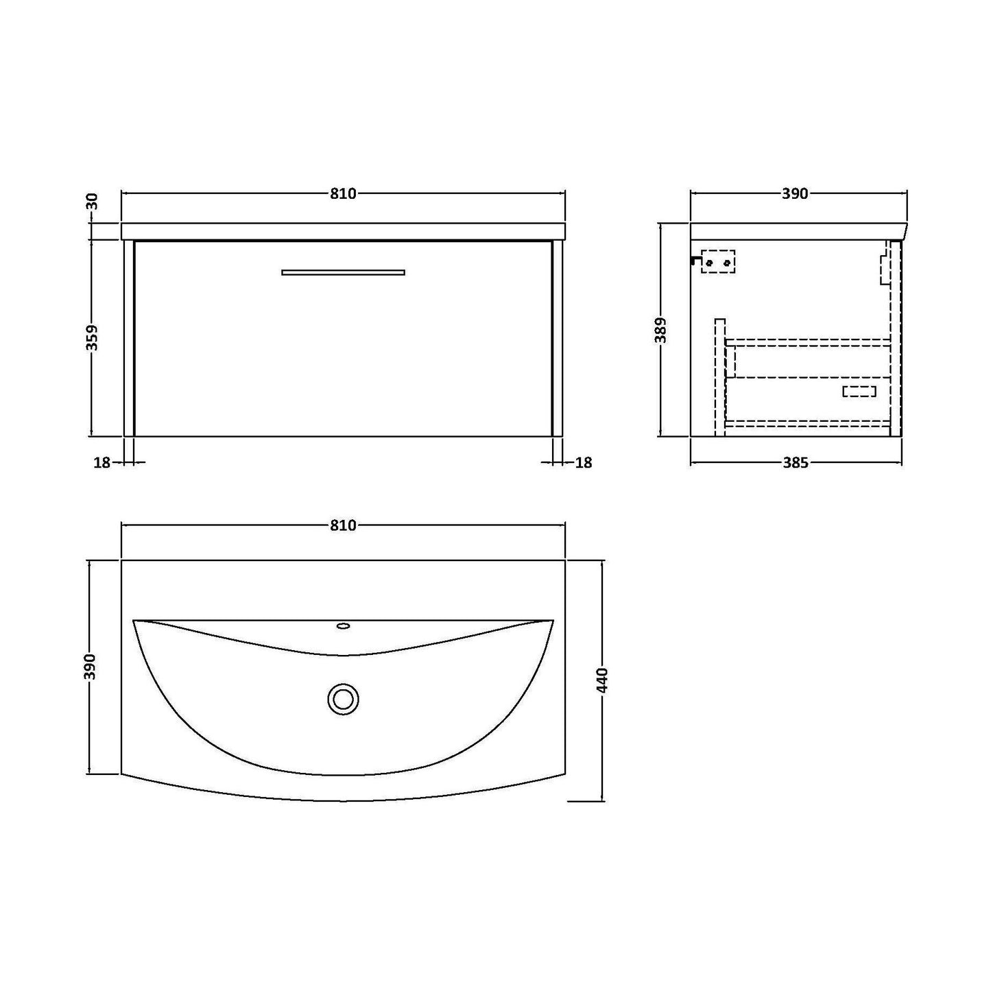 [BFPF2925G] Winshill Contemporary 1 Drawer Wall Hung Vanity Unit with Curved Basin, Dark Blue, 800mm - Technical Drawing