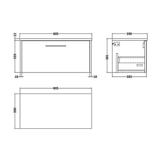 [BFPF2925LCM] Winshill Contemporary 1 Drawer Wall Hung Vanity Unit with Laminate Worktop, 800mm - Technical Drawing