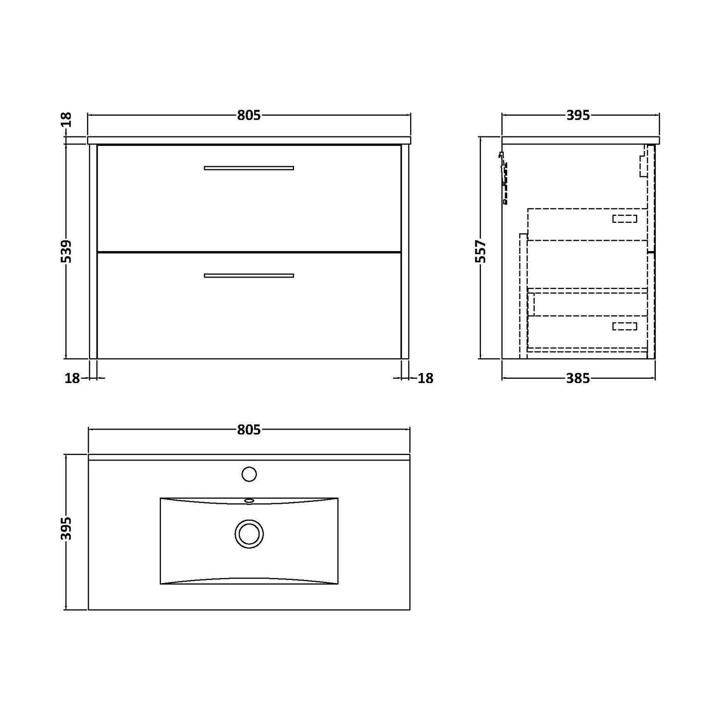 [BFPF2926B] Winshill Contemporary 2 Drawer Wall Hung Vanity Unit with Minimalist Basin, Dark Blue, 800mm - Technical Drawing