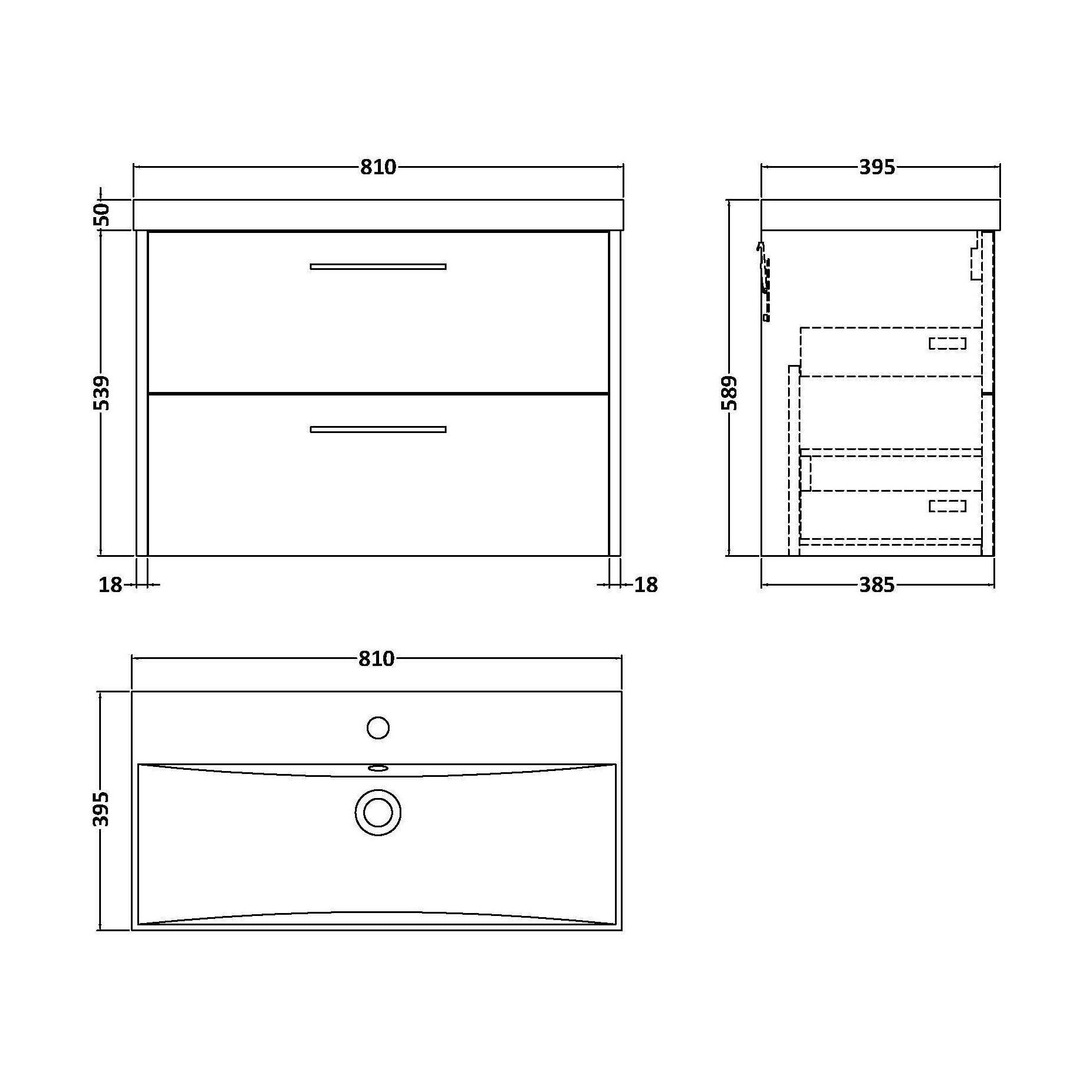 [BFPF2926D] Winshill Contemporary 2 Drawer Wall Hung Vanity Unit with Thin Edge Basin, Dark Blue, 800mm - Technical Drawing