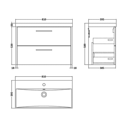 [BFPF2926D] Winshill Contemporary 2 Drawer Wall Hung Vanity Unit with Thin Edge Basin, Dark Blue, 800mm - Technical Drawing