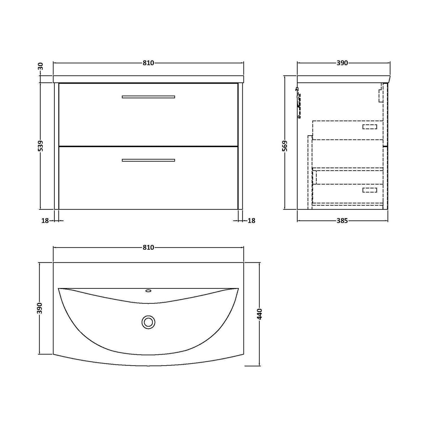 [BFPF2926G] Winshill Contemporary 2 Drawer Wall Hung Vanity Unit with Curved Basin, Dark Blue, 800mm - Technical Drawing