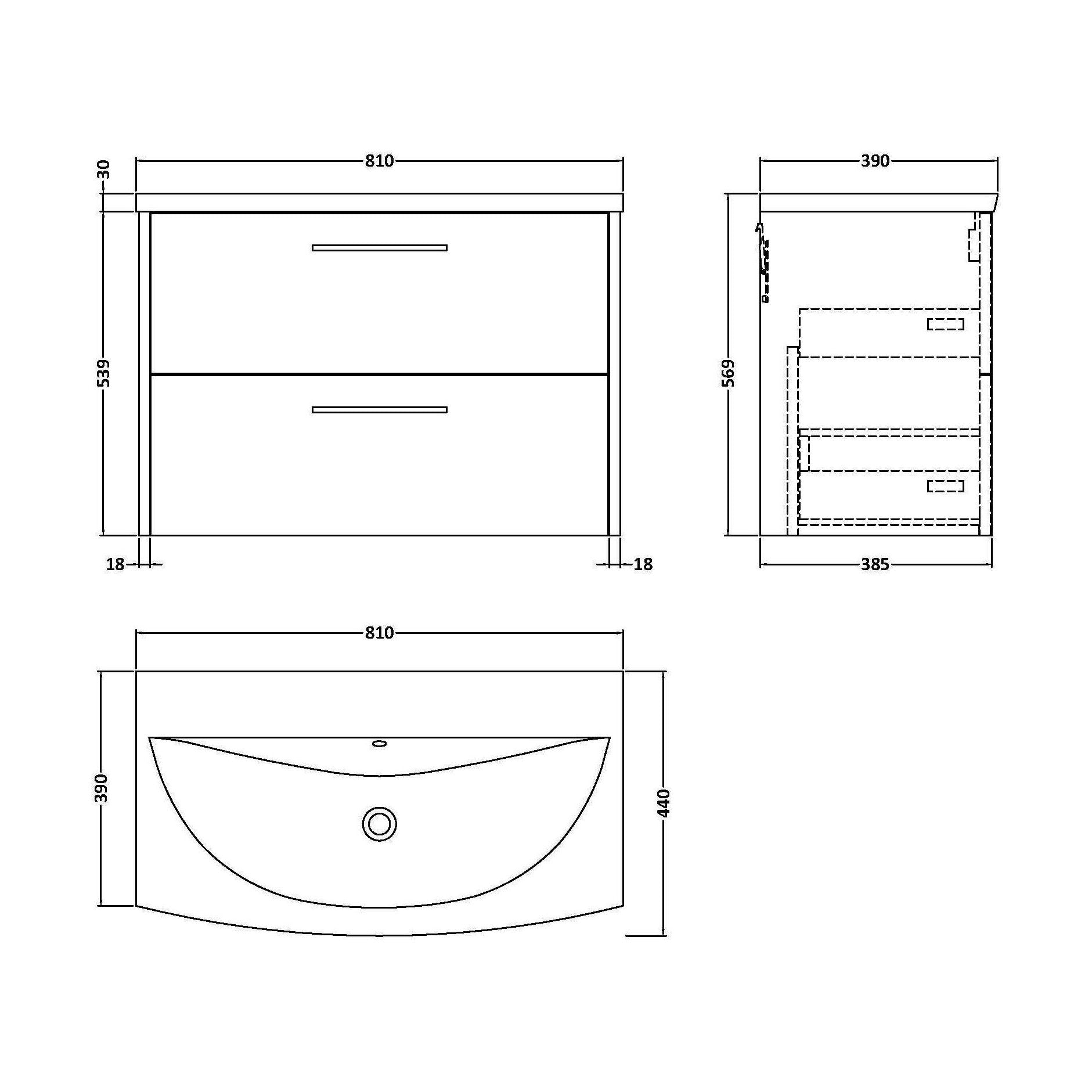 [BFPF2926G] Winshill Contemporary 2 Drawer Wall Hung Vanity Unit with Curved Basin, Dark Blue, 800mm - Technical Drawing
