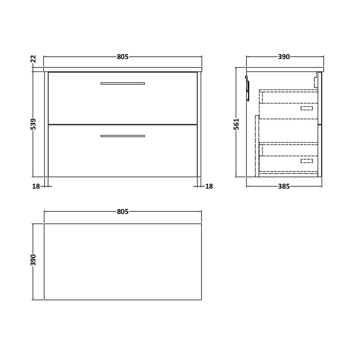 [BFPF2926LCM] Winshill Contemporary 2 Drawer Wall Hung Vanity Unit with Laminate Worktop, Dark Blue, 800mm - Technical Drawing