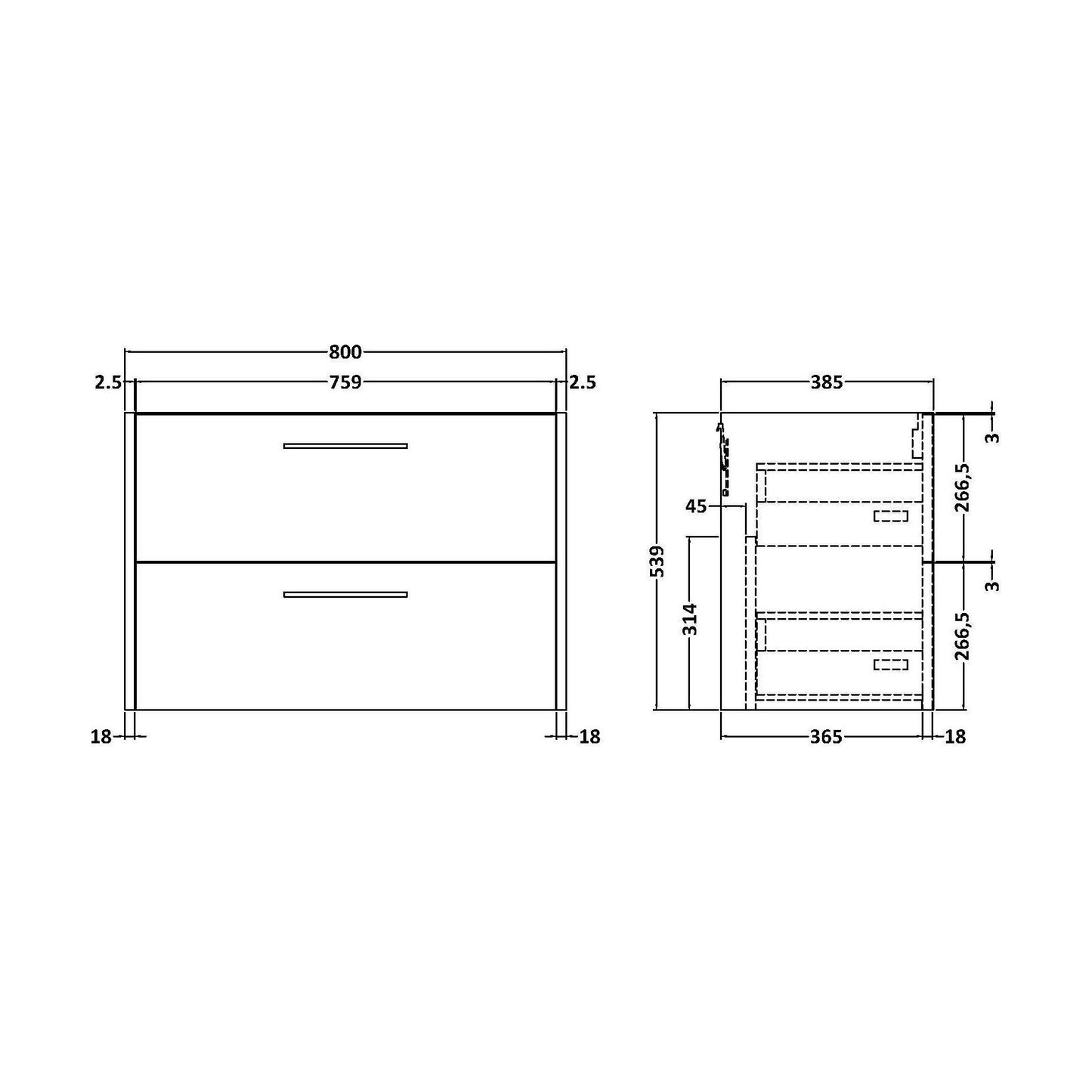 [BFPF2926] Winshill 2 Drawer Vanity Unit - 800mm - Technical Drawing