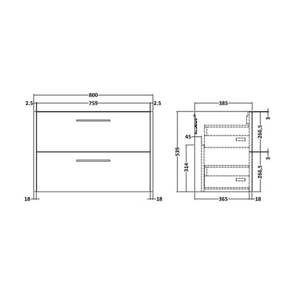 [BFPF2926] Winshill 2 Drawer Vanity Unit - 800mm - Technical Drawing