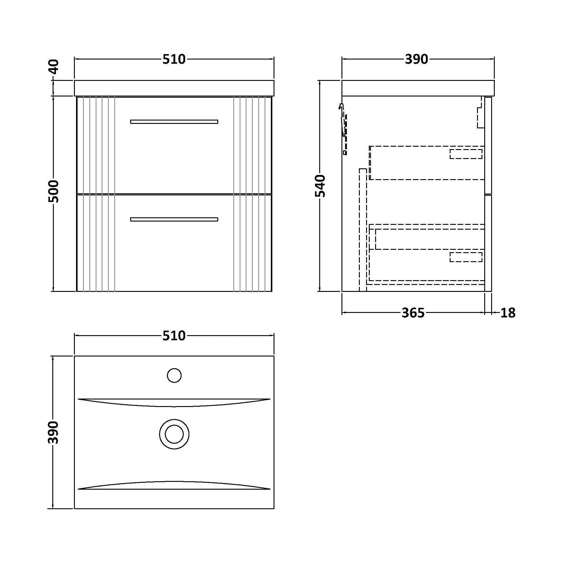 [BFPF292A] Belvide Partial Fluted 2 Drawer Wall Hung Vanity Unit with Mid-Edge 1 Tap Hole Ceramic Basin - Technical Drawing