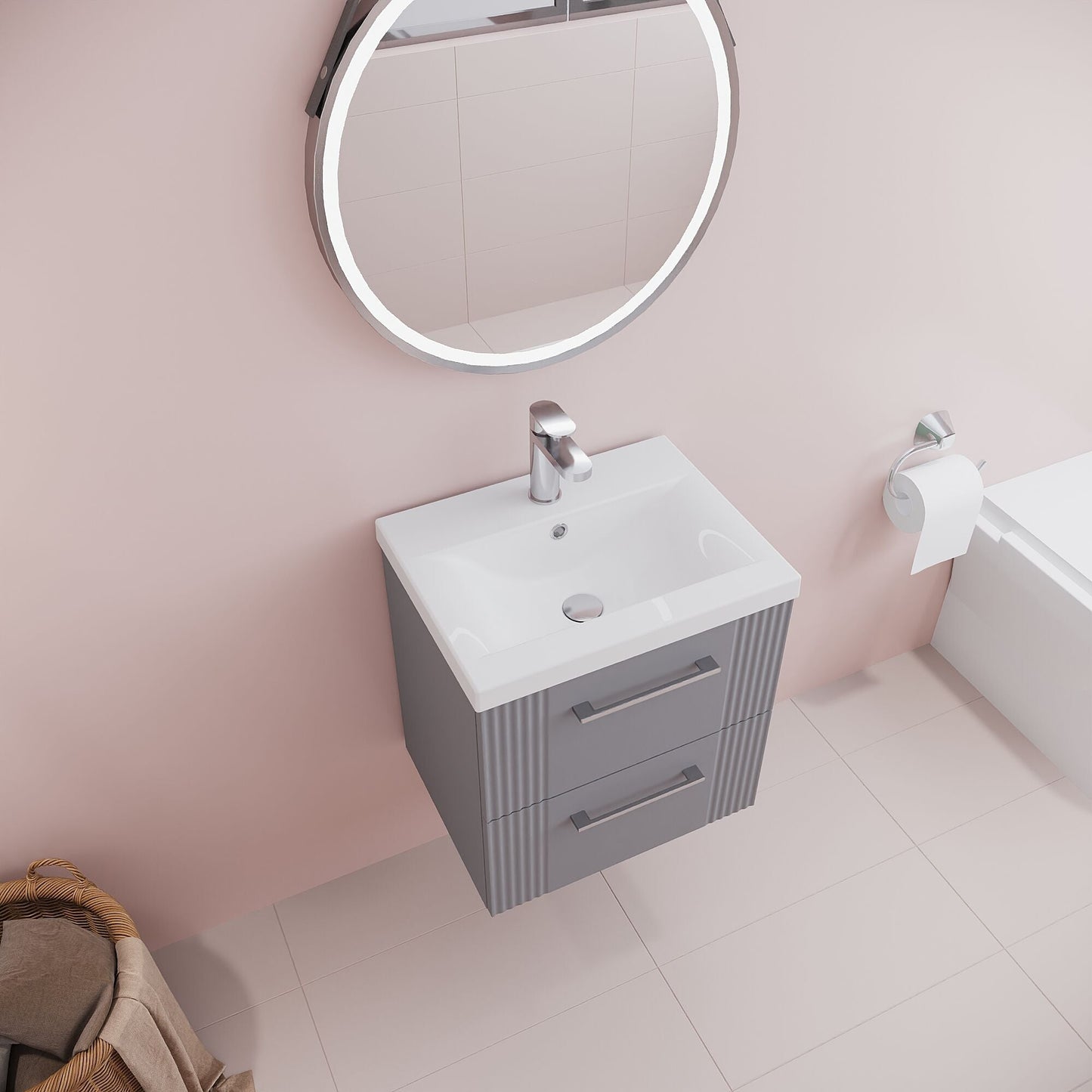 [BFPF292A] Belvide Partial Fluted 2 Drawer Wall Hung Vanity Unit with Mid-Edge 1 Tap Hole Ceramic Basin - Lifestyle 2