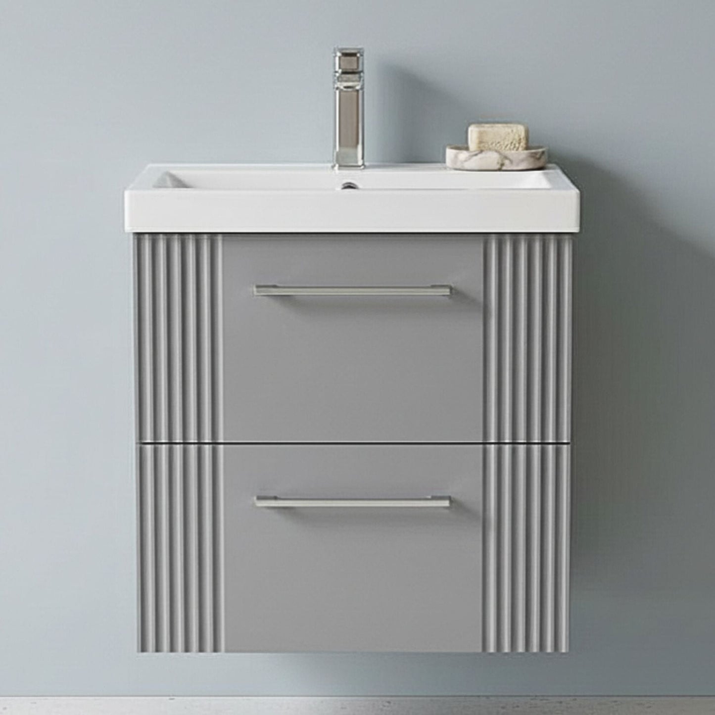 [BFPF292A] Belvide Partial Fluted 2 Drawer Wall Hung Vanity Unit with Mid-Edge 1 Tap Hole Ceramic Basin - Silo