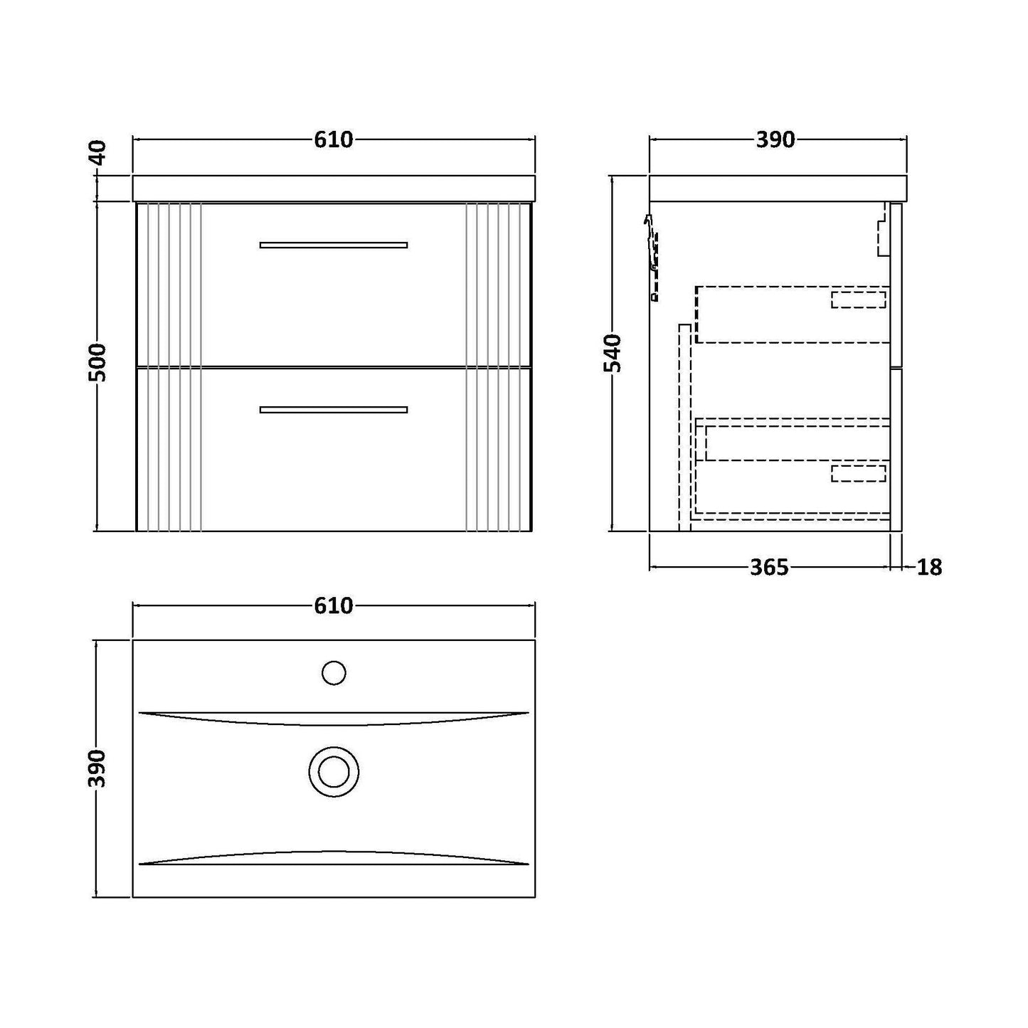 [BFPF293A] Belvide Partial Fluted 2 Drawer Wall Hung Vanity Unit with Mid-Edge 1 Tap Hole Ceramic Basin - Technical Drawing