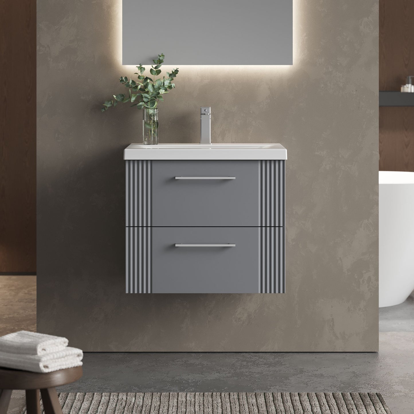 [BFPF293A] Belvide Partial Fluted 2 Drawer Wall Hung Vanity Unit with Mid-Edge 1 Tap Hole Ceramic Basin - Lifestyle 1