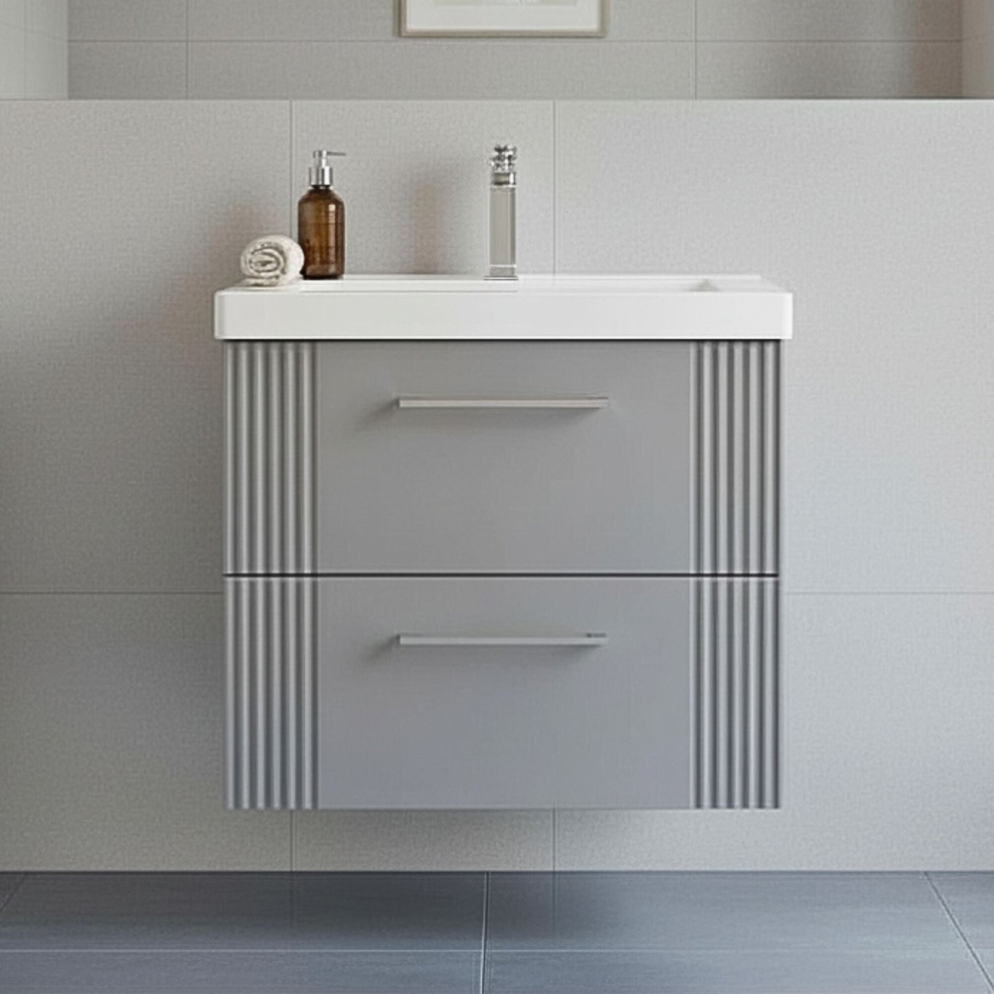 [BFPF293A] Belvide Partial Fluted 2 Drawer Wall Hung Vanity Unit with Mid-Edge 1 Tap Hole Ceramic Basin - Silo