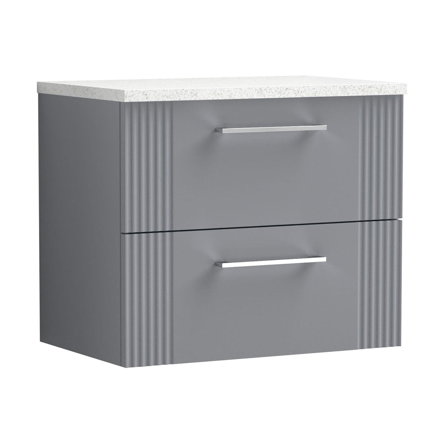 [BFPF293LSW] Partial Fluted 2 Drawer Wall Hung Vanity Unit with Sparkling White Laminate Worktop - 600mm - Satin Grey - Cutout
