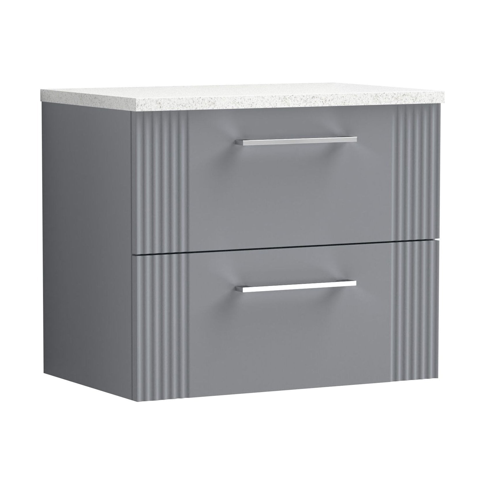 [BFPF293LSW] Partial Fluted 2 Drawer Wall Hung Vanity Unit with Sparkling White Laminate Worktop - 600mm - Satin Grey - Cutout