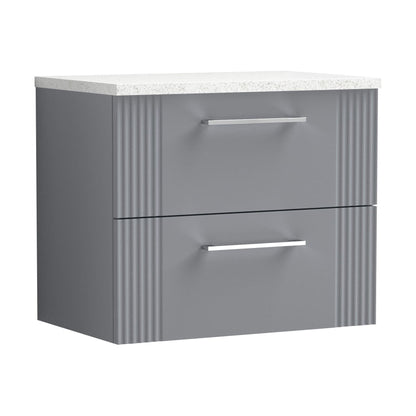 [BFPF293LSW] Partial Fluted 2 Drawer Wall Hung Vanity Unit with Sparkling White Laminate Worktop - 600mm - Satin Grey - Cutout