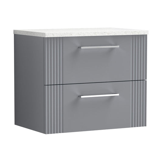 [BFPF293LSW] Partial Fluted 2 Drawer Wall Hung Vanity Unit with Sparkling White Laminate Worktop - 600mm - Satin Grey - Cutout
